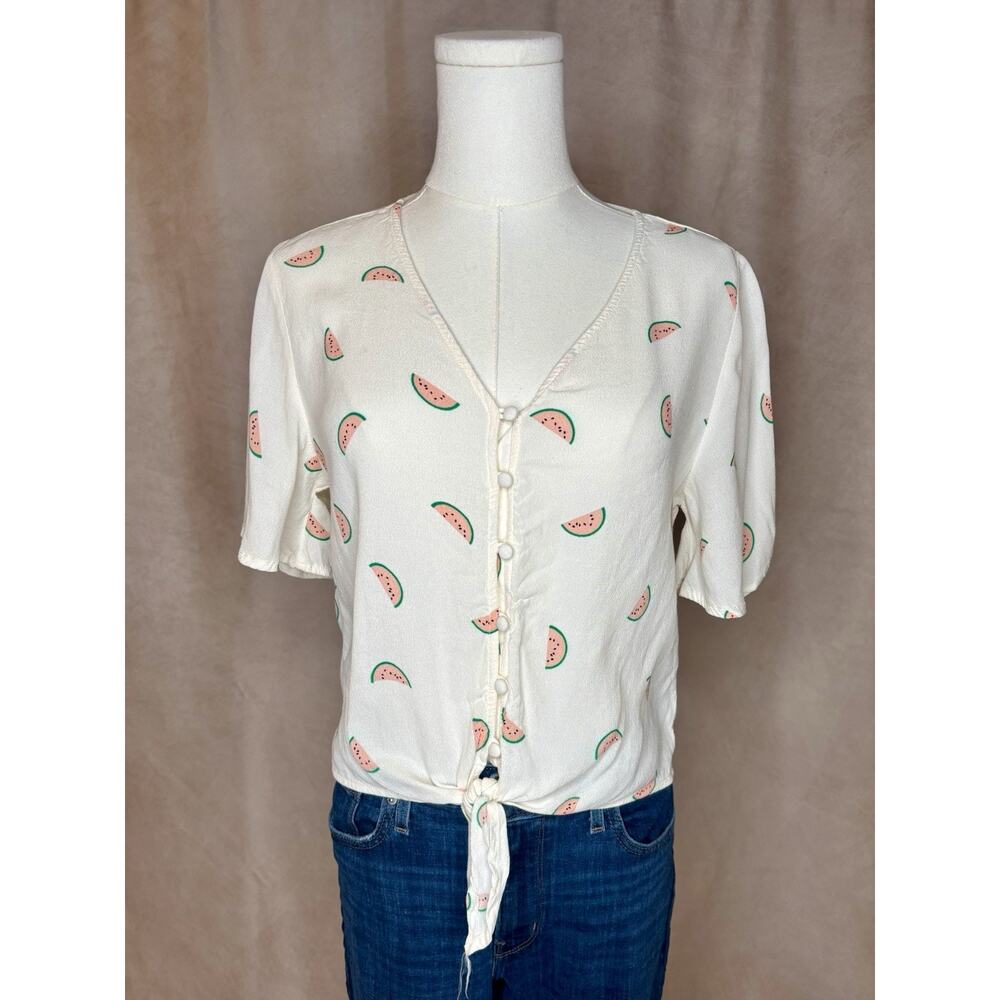 Elodie Watermelon Print Tie Front Blouse XS Cottagecore Summer Top